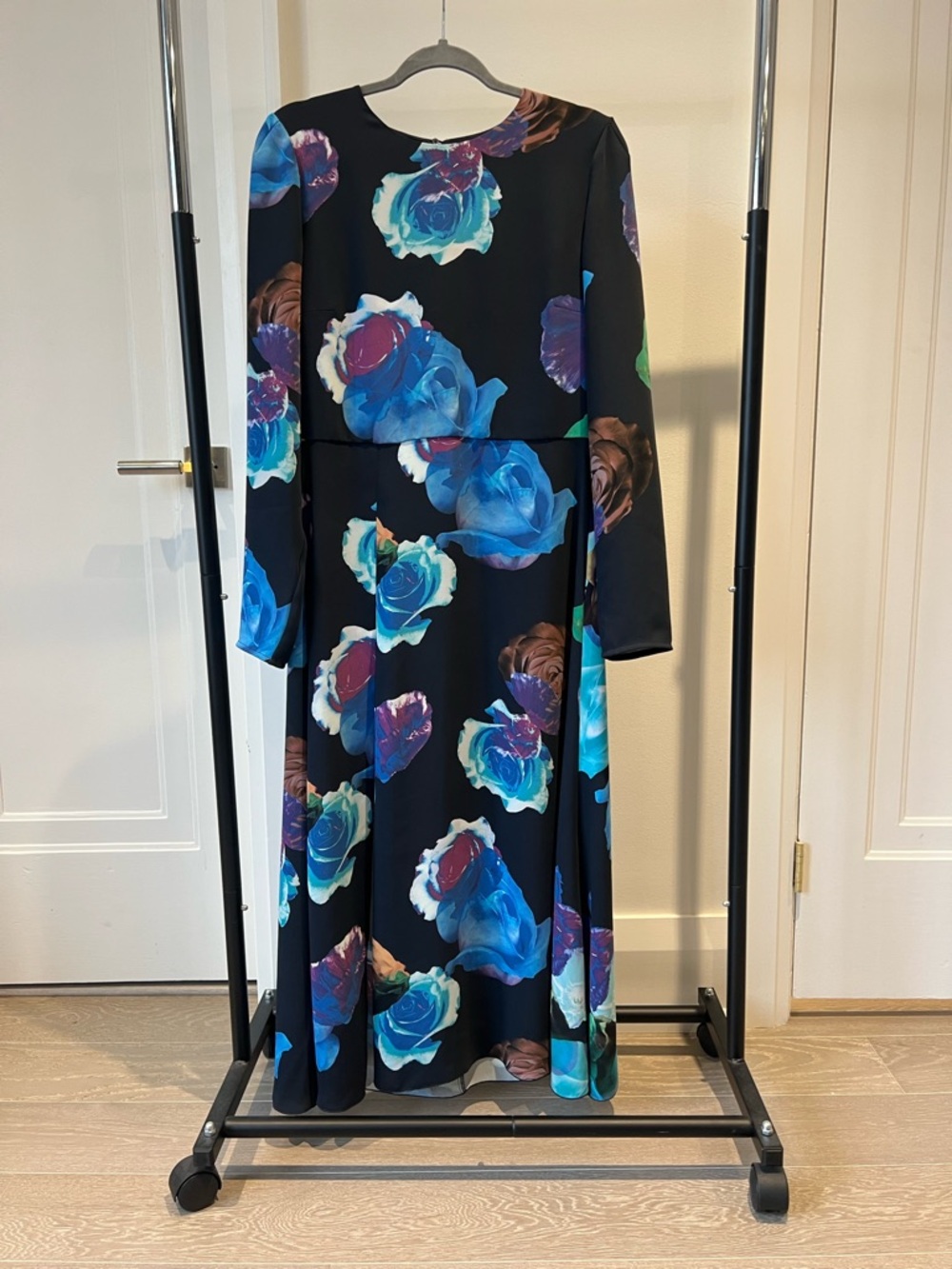 Babaton Black Maxi Dress with Blue Floral Print